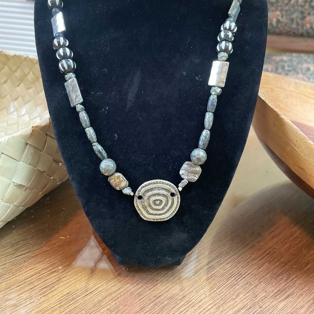 Pretty pewter maze pendant necklace with pyrite and African and silver beads